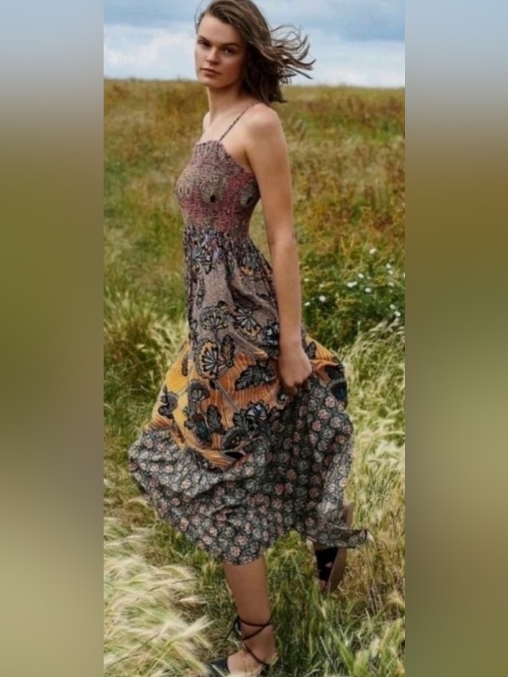 Anthropologie Boho Floral Maxi Dress - Mustard & Coral Pattern